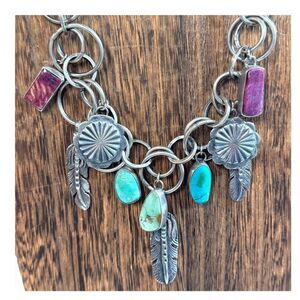 Vtg Emer Thompson Sterling Silver Navajo Necklace Feather Spiny Oyster Turquoise